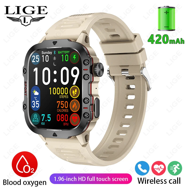 LIGE New Men Smartwatch SOS Bluetooth Call 1.96'' HD Screen Wristwatch Waterproof Heart Rate Monitor Sports Smart Watch For Man