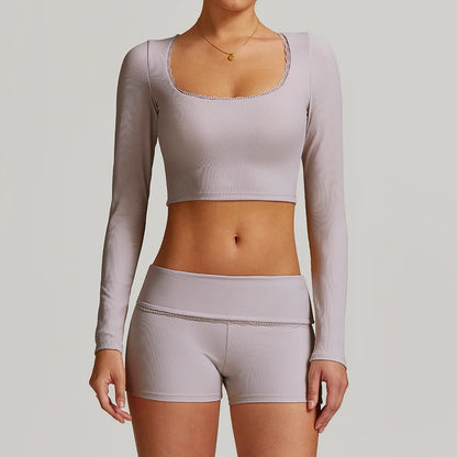 Women Long-sleeved Yoga Flared Pants Suit Lace Lace Threaded Casual Fitness Gym Tank High Waist Gym Shorts Workout Clothes 8828