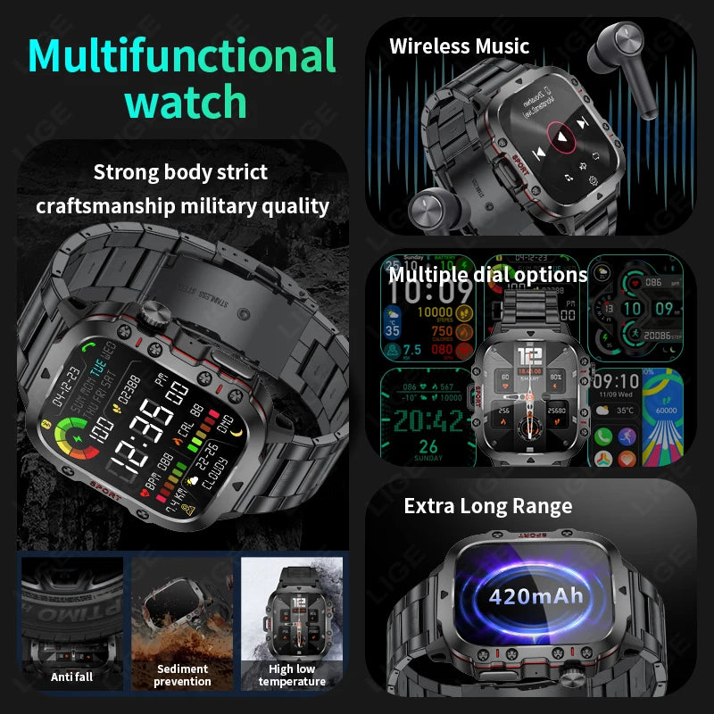LIGE New Men Smartwatch SOS Bluetooth Call 1.96'' HD Screen Wristwatch Waterproof Heart Rate Monitor Sports Smart Watch For Man