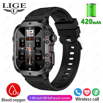 LIGE New Men Smartwatch SOS Bluetooth Call 1.96'' HD Screen Wristwatch Waterproof Heart Rate Monitor Sports Smart Watch For Man