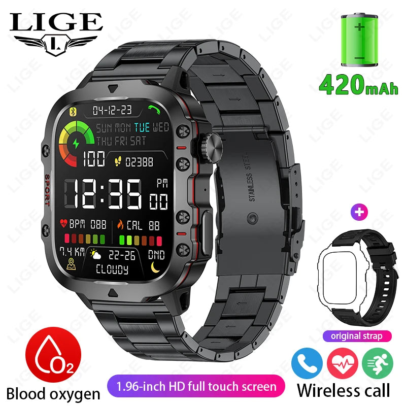 LIGE New Men Smartwatch SOS Bluetooth Call 1.96'' HD Screen Wristwatch Waterproof Heart Rate Monitor Sports Smart Watch For Man