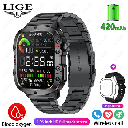 LIGE New Men Smartwatch SOS Bluetooth Call 1.96'' HD Screen Wristwatch Waterproof Heart Rate Monitor Sports Smart Watch For Man