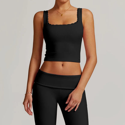 Women Long-sleeved Yoga Flared Pants Suit Lace Lace Threaded Casual Fitness Gym Tank High Waist Gym Shorts Workout Clothes 8828
