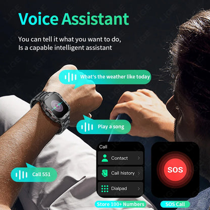 LIGE New Men Smartwatch SOS Bluetooth Call 1.96'' HD Screen Wristwatch Waterproof Heart Rate Monitor Sports Smart Watch For Man