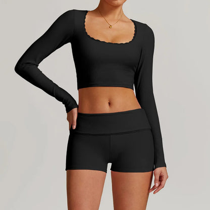 Women Long-sleeved Yoga Flared Pants Suit Lace Lace Threaded Casual Fitness Gym Tank High Waist Gym Shorts Workout Clothes 8828