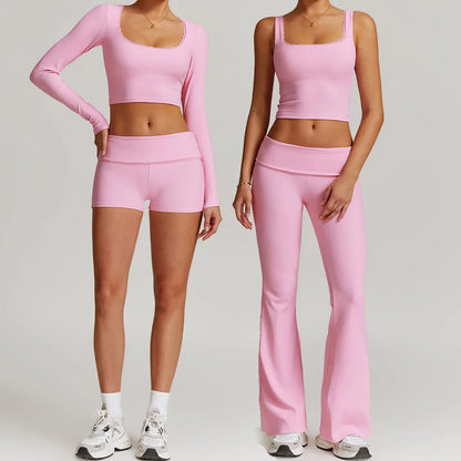 Women Long-sleeved Yoga Flared Pants Suit Lace Lace Threaded Casual Fitness Gym Tank High Waist Gym Shorts Workout Clothes 8828