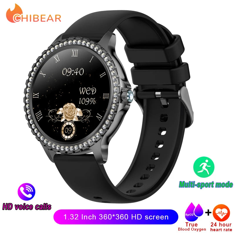 2023 New Fashion Women Bluetooth Call Smart Watch 1.32" AMOLED 360*360 HD Screen Sports Fitness Ladies Smartwatch Diamond Band
