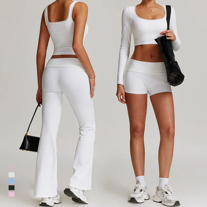 Women Long-sleeved Yoga Flared Pants Suit Lace Lace Threaded Casual Fitness Gym Tank High Waist Gym Shorts Workout Clothes 8828