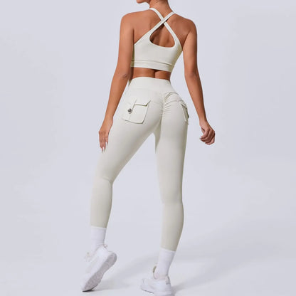 Seamless Yoga Sets Sports Fitness High Waist Hip-lifting Pocket Pants Beauty Back Vest Suits Workout Gym Leggings Sets for Women