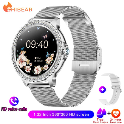 2023 New Fashion Women Bluetooth Call Smart Watch 1.32" AMOLED 360*360 HD Screen Sports Fitness Ladies Smartwatch Diamond Band