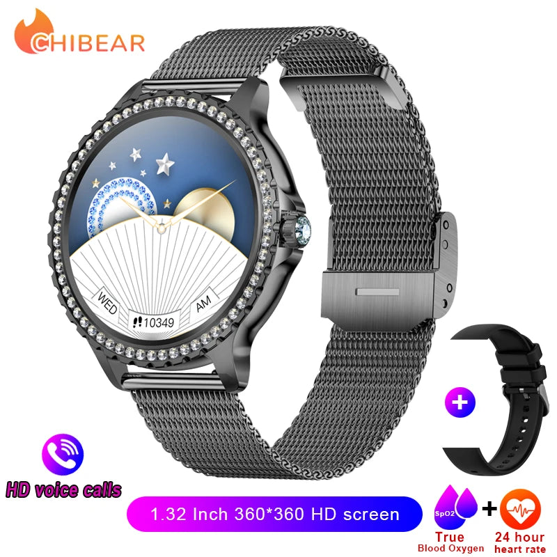2023 New Fashion Women Bluetooth Call Smart Watch 1.32" AMOLED 360*360 HD Screen Sports Fitness Ladies Smartwatch Diamond Band
