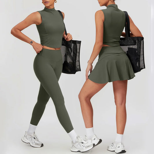 Yoga Gym Sets 2 piece Women Clothes Seamless Sports culottes Fitness Workout Sportswear Tennis Skirt Leggings Tank Shorts Suit