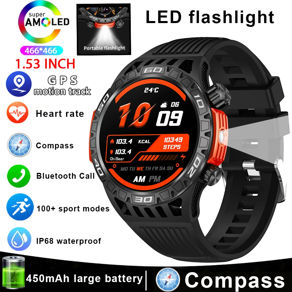 For Huawei New With LED Flashlight Smart Watch Men 360*360 HD Display 450 mAh Heart Rate Sports Health Bluetooth Call SmartWatch