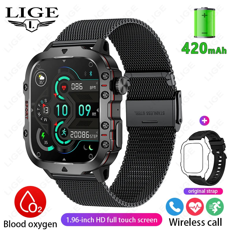 LIGE New Men Smartwatch SOS Bluetooth Call 1.96'' HD Screen Wristwatch Waterproof Heart Rate Monitor Sports Smart Watch For Man