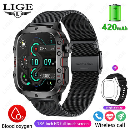 LIGE New Men Smartwatch SOS Bluetooth Call 1.96'' HD Screen Wristwatch Waterproof Heart Rate Monitor Sports Smart Watch For Man