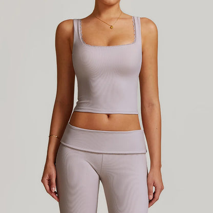 Women Long-sleeved Yoga Flared Pants Suit Lace Lace Threaded Casual Fitness Gym Tank High Waist Gym Shorts Workout Clothes 8828