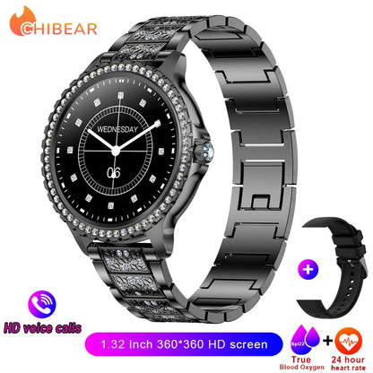 2023 New Fashion Women Bluetooth Call Smart Watch 1.32" AMOLED 360*360 HD Screen Sports Fitness Ladies Smartwatch Diamond Band
