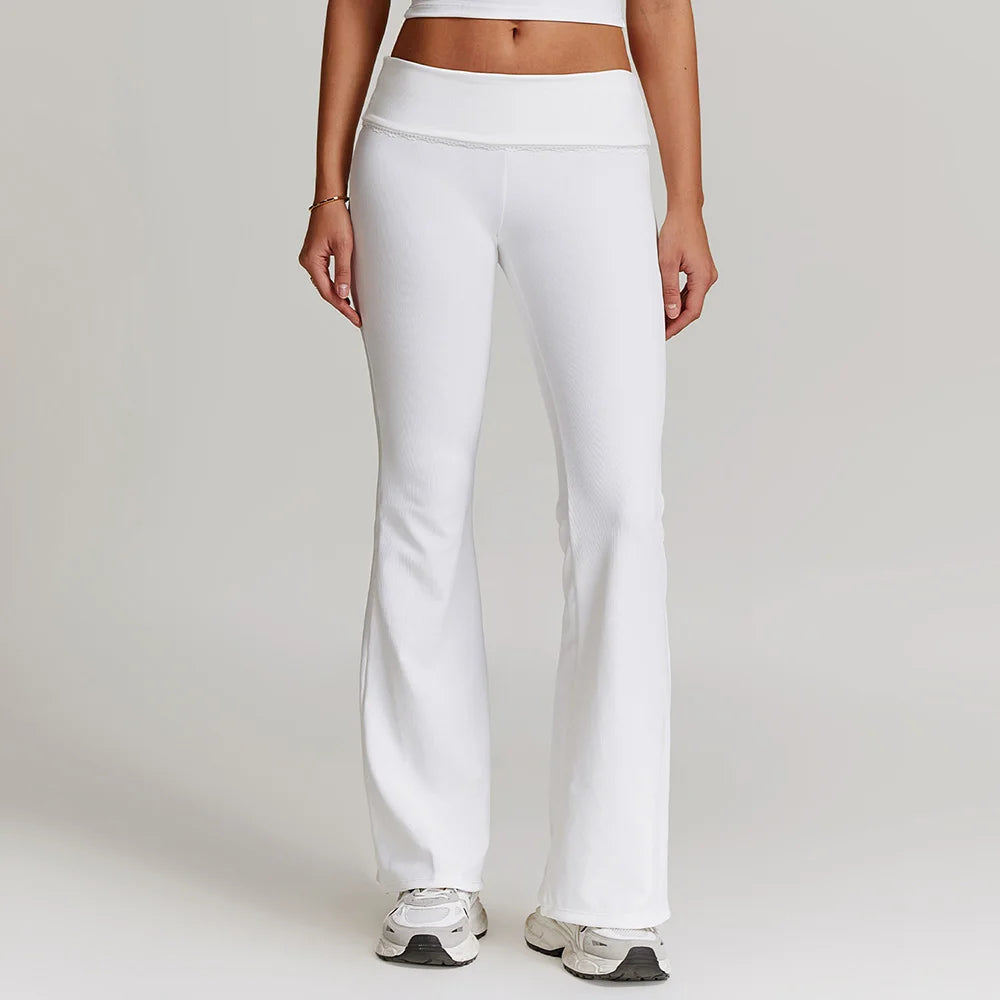 Women Long-sleeved Yoga Flared Pants Suit Lace Lace Threaded Casual Fitness Gym Tank High Waist Gym Shorts Workout Clothes 8828