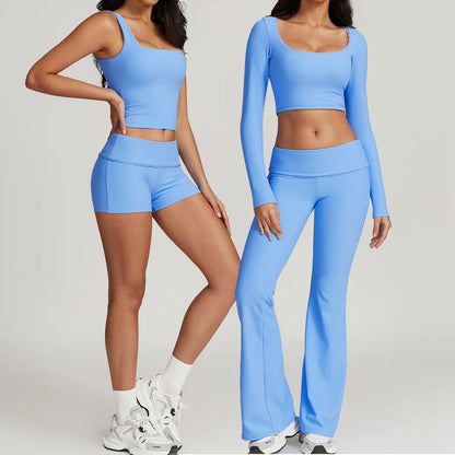 Women Long-sleeved Yoga Flared Pants Suit Lace Lace Threaded Casual Fitness Gym Tank High Waist Gym Shorts Workout Clothes 8828