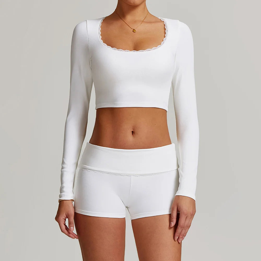Women Long-sleeved Yoga Flared Pants Suit Lace Lace Threaded Casual Fitness Gym Tank High Waist Gym Shorts Workout Clothes 8828