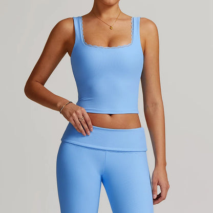 Women Long-sleeved Yoga Flared Pants Suit Lace Lace Threaded Casual Fitness Gym Tank High Waist Gym Shorts Workout Clothes 8828