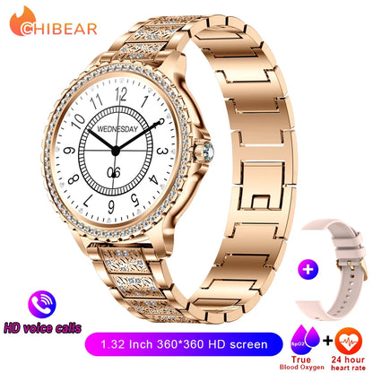 2023 New Fashion Women Bluetooth Call Smart Watch 1.32" AMOLED 360*360 HD Screen Sports Fitness Ladies Smartwatch Diamond Band