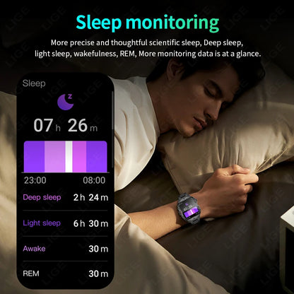LIGE New Men Smartwatch SOS Bluetooth Call 1.96'' HD Screen Wristwatch Waterproof Heart Rate Monitor Sports Smart Watch For Man