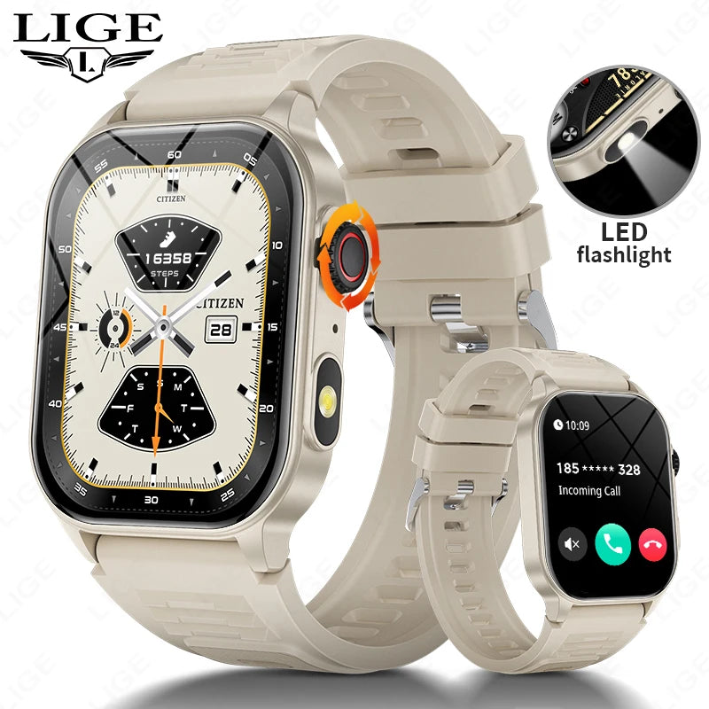LIGE Smart Watch for Men 3ATM Waterproof Bluetooth Call Health Monitor With Flashlight 370mahBattery 100+Sport Mode Smartwatches