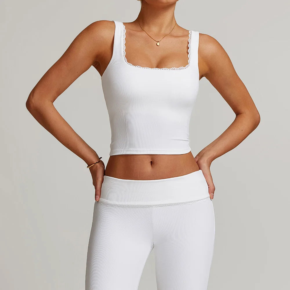 Women Long-sleeved Yoga Flared Pants Suit Lace Lace Threaded Casual Fitness Gym Tank High Waist Gym Shorts Workout Clothes 8828