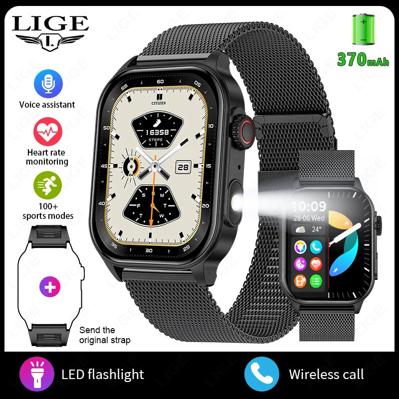 LIGE Smart Watch for Men 3ATM Waterproof Bluetooth Call Health Monitor With Flashlight 370mahBattery 100+Sport Mode Smartwatches