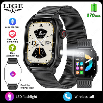 LIGE Smart Watch for Men 3ATM Waterproof Bluetooth Call Health Monitor With Flashlight 370mahBattery 100+Sport Mode Smartwatches