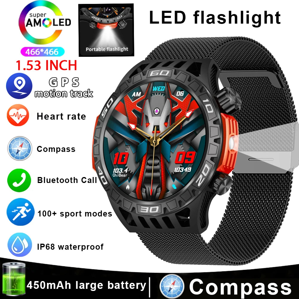 For Huawei New With LED Flashlight Smart Watch Men 360*360 HD Display 450 mAh Heart Rate Sports Health Bluetooth Call SmartWatch