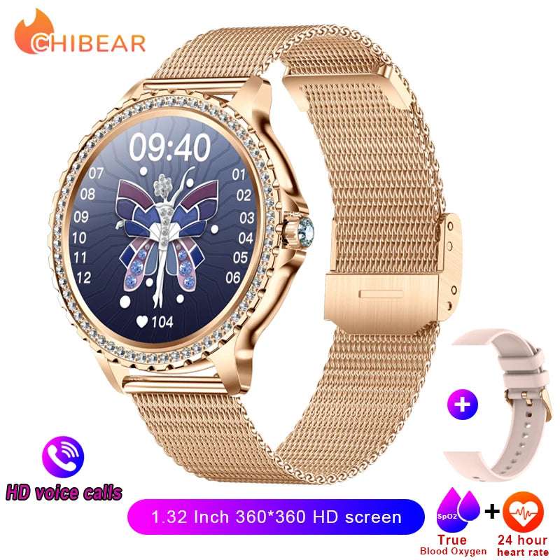 2023 New Fashion Women Bluetooth Call Smart Watch 1.32" AMOLED 360*360 HD Screen Sports Fitness Ladies Smartwatch Diamond Band