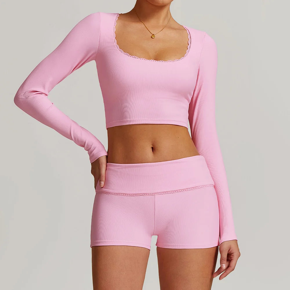 Women Long-sleeved Yoga Flared Pants Suit Lace Lace Threaded Casual Fitness Gym Tank High Waist Gym Shorts Workout Clothes 8828