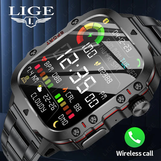 LIGE New Men Smartwatch SOS Bluetooth Call 1.96'' HD Screen Wristwatch Waterproof Heart Rate Monitor Sports Smart Watch For Man